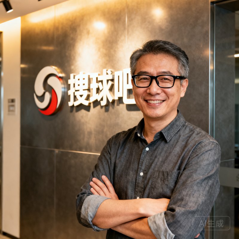 搜球吧创始人张磊，四十岁左右男性，戴着黑框眼镜，身穿休闲衬衫，双臂交叉站姿自信微笑，背景为公司入口处的品牌墙